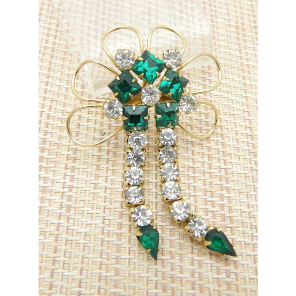 Green Clear Rhinestone Gold Tone Dangle Flower Pin